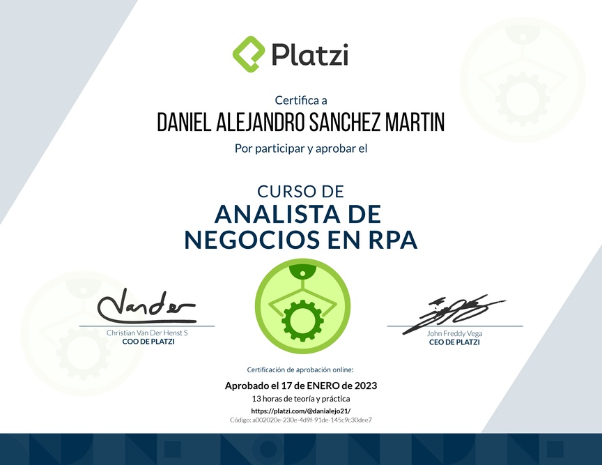 Diploma del Curso de Business Analyst para RPA