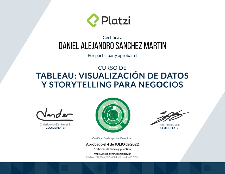 Diploma del Curso de Tableau: Visualización de Datos y Storytelling para Negocios