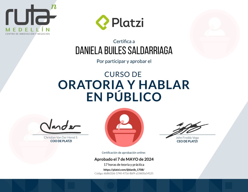Diploma del Curso de Oratoria para Hablar en Público