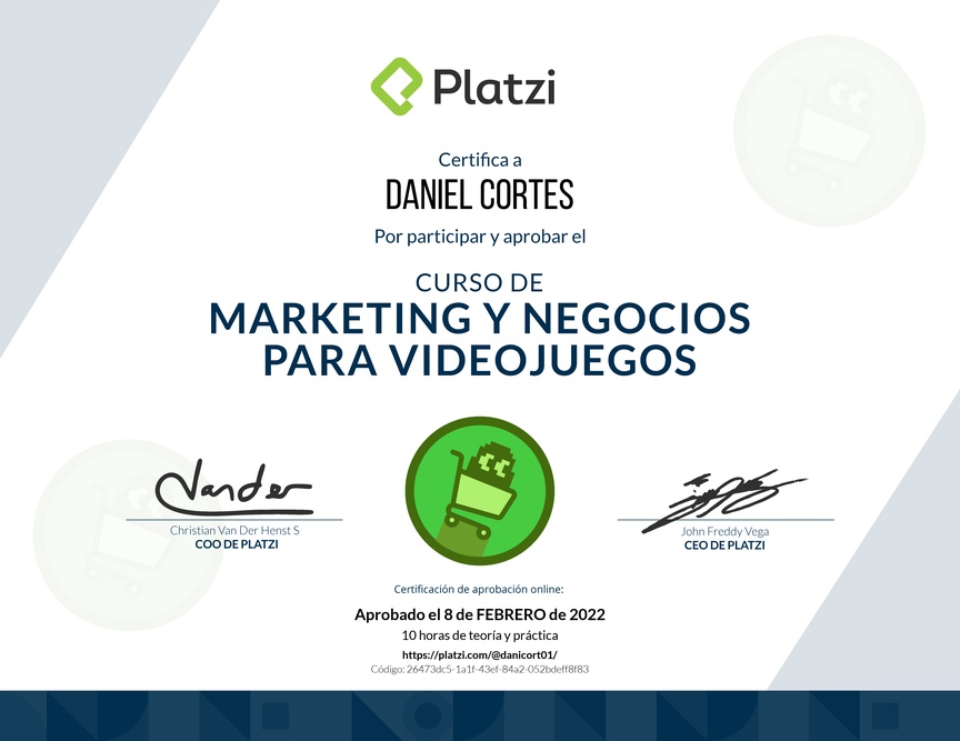 Diploma del Curso de Marketing y Negocios para Videojuegos
