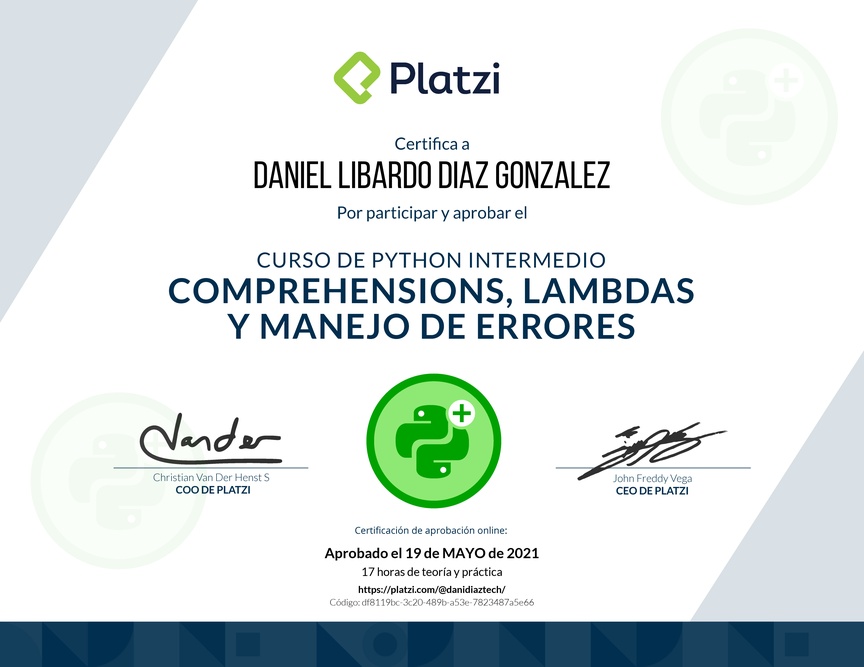 Diploma del Curso de Python Intermedio: Comprehensions, Lambdas y Manejo de Errores