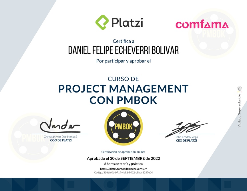 Diploma del Curso de Project Management con PMBOK