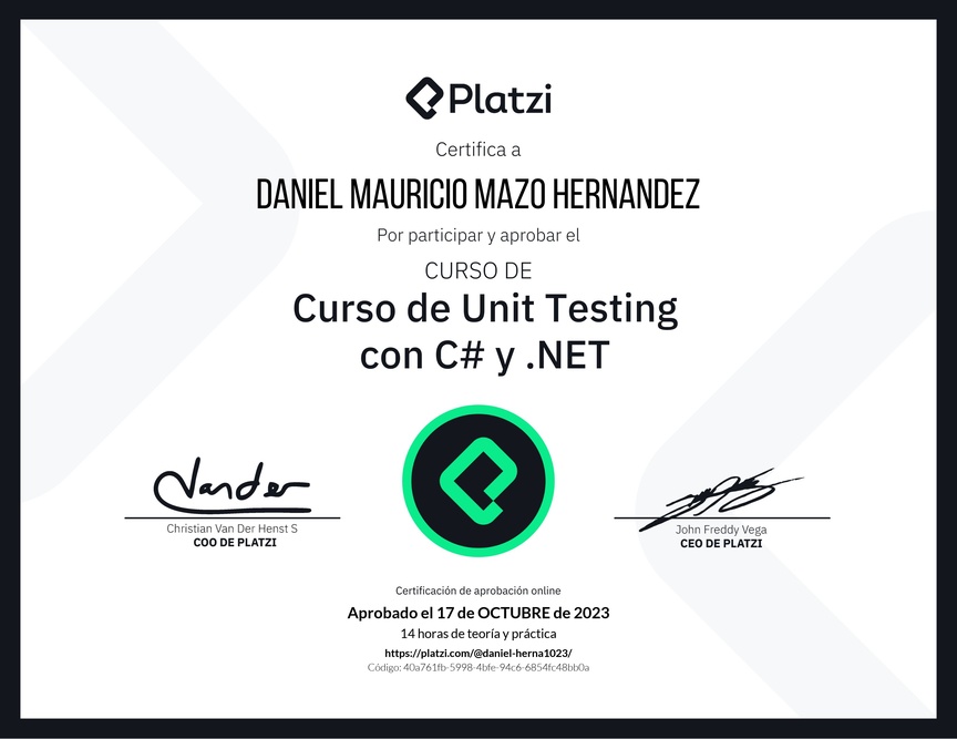 Diploma del Curso de Unit Testing con C# y .NET