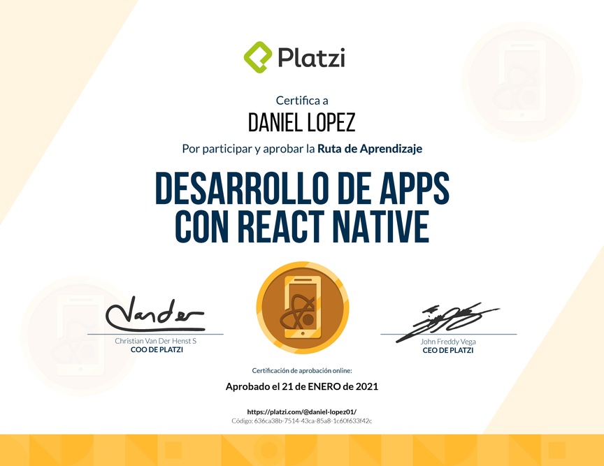 Diploma de la Ruta de Aprendizaje de Desarrollo de Apps con React Native
