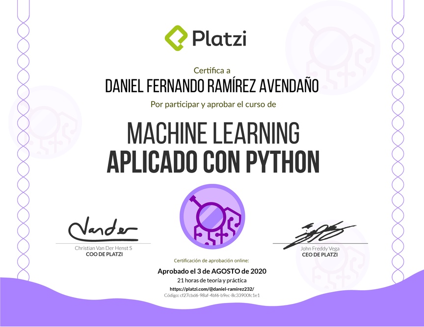 Diploma del Curso de Machine Learning Aplicado con Python