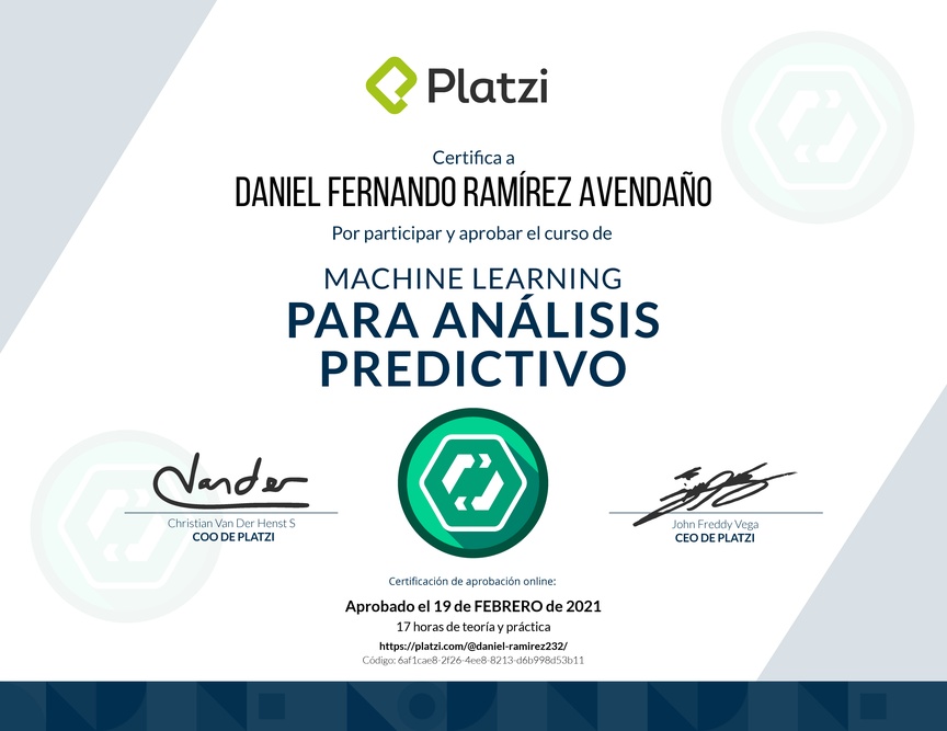 Diploma del Curso de Machine Learning para Análisis Predictivo