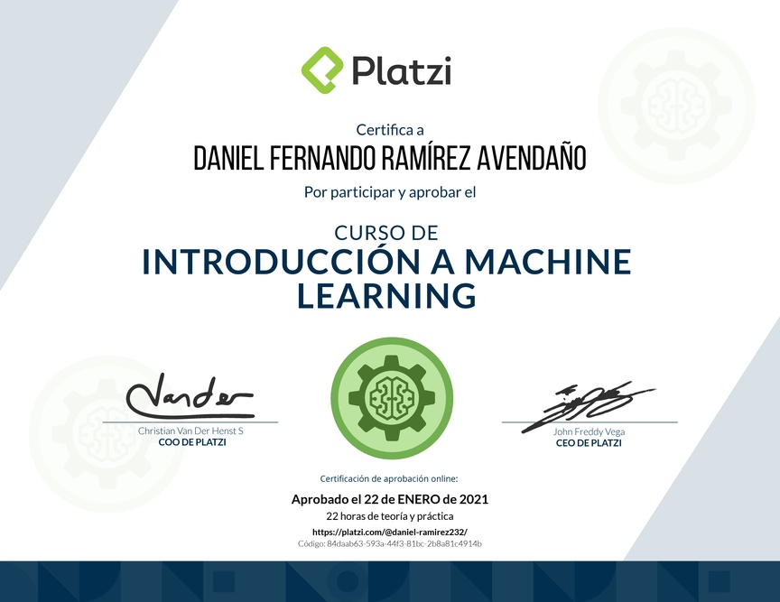 Diploma del Curso de Introducción a Machine Learning 2019