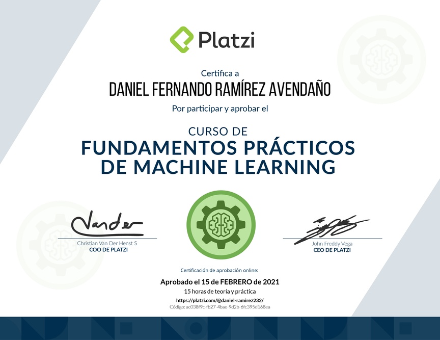 Diploma del Curso de Fundamentos Prácticos de Machine Learning