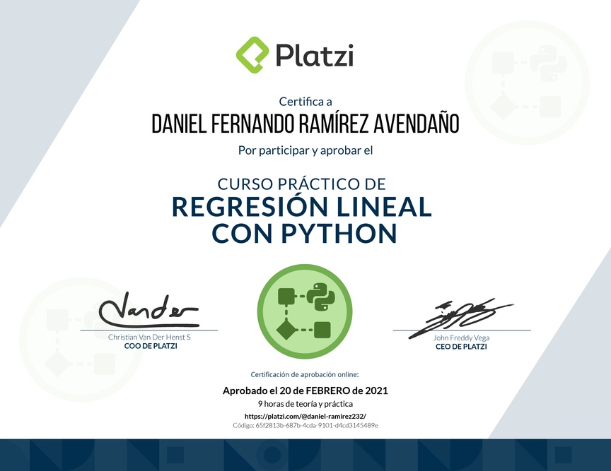 Diploma del Curso Práctico de Regresión Lineal con Python