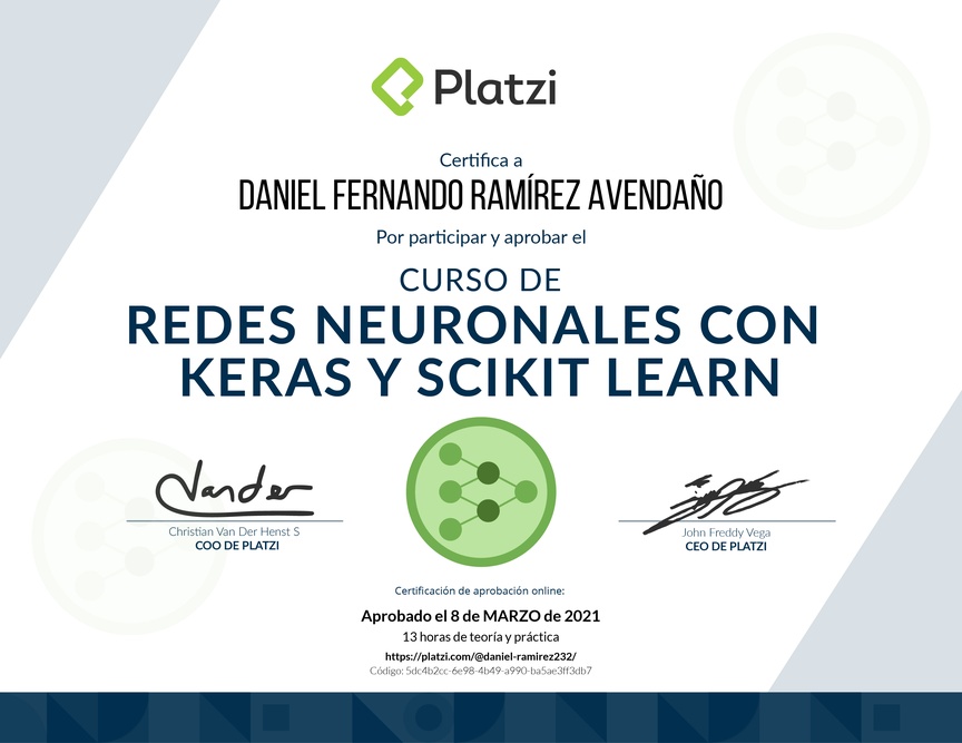 Diploma del Curso de Redes Neuronales en Keras y Scikit-Learn 2019