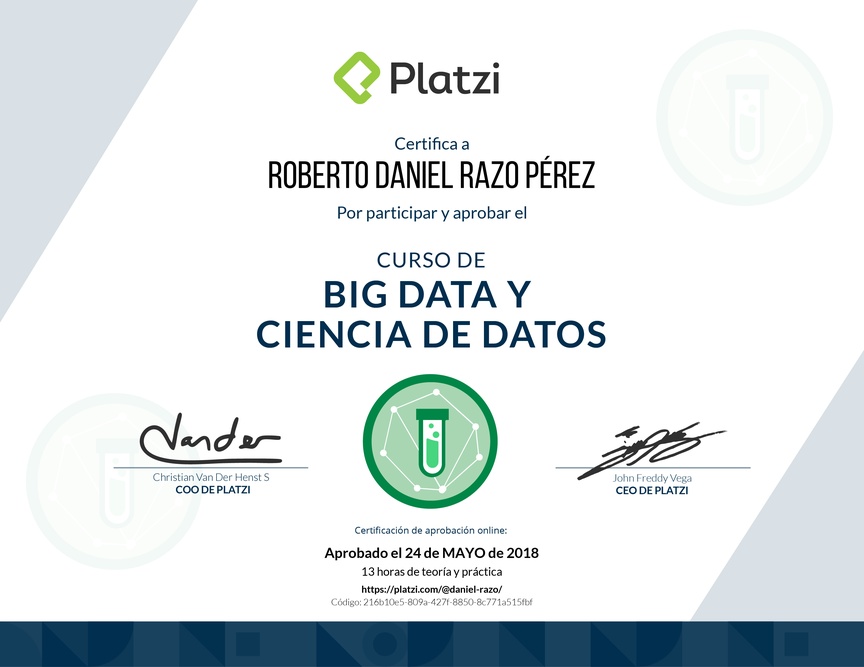 Diploma del Curso de Big Data y Ciencia de Datos 2016
