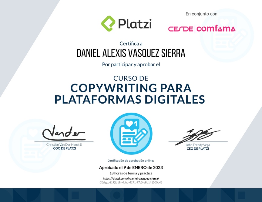 Diploma del Curso de Copywriting para Plataformas Digitales