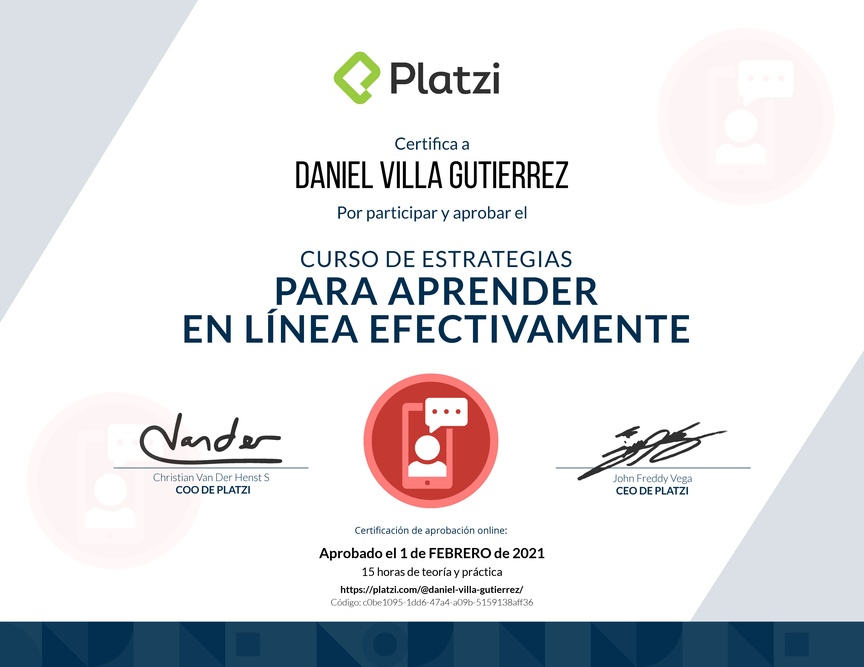 Diploma del Curso de Estrategias para Aprender en Línea Efectivamente 2019