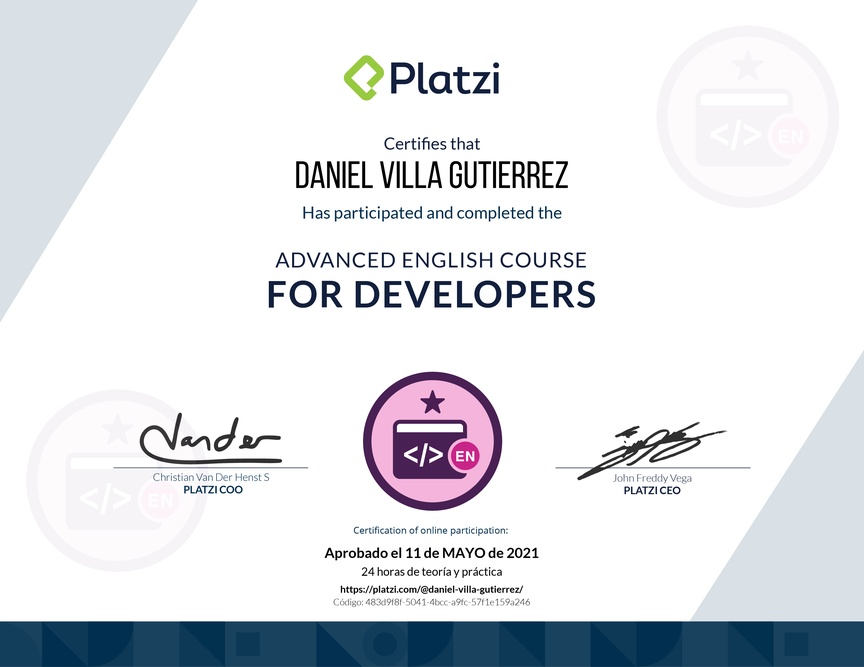 Diploma del Curso para Developers en Inglés (2020)