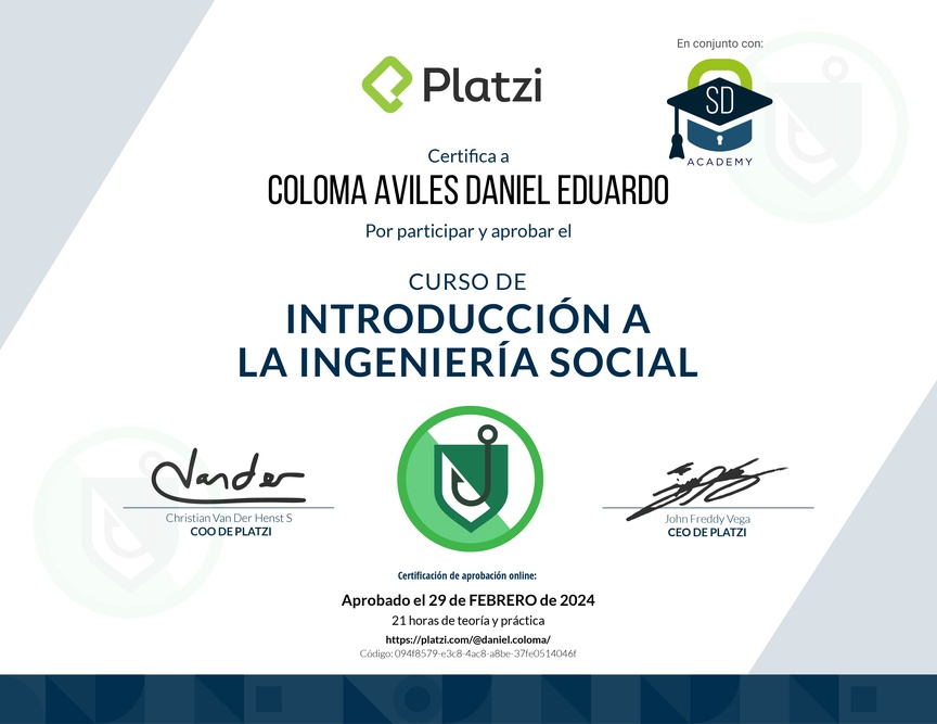 Diploma del Curso de Introducción a la Ingeniería Social: Técnicas, Ataques y Pretexting