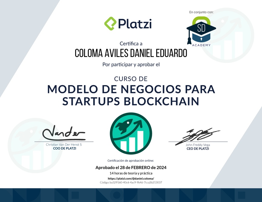 Diploma del Curso de Modelo de Negocio para Startups Blockchain