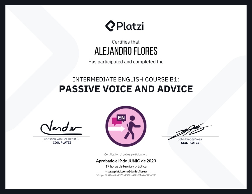 Diploma del Curso de Inglés Intermedio: Voz Pasiva y Consejos (2021)