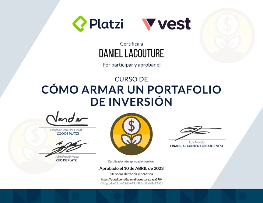 Diploma del Curso de Cómo Armar un Portafolio de Inversión con Vest