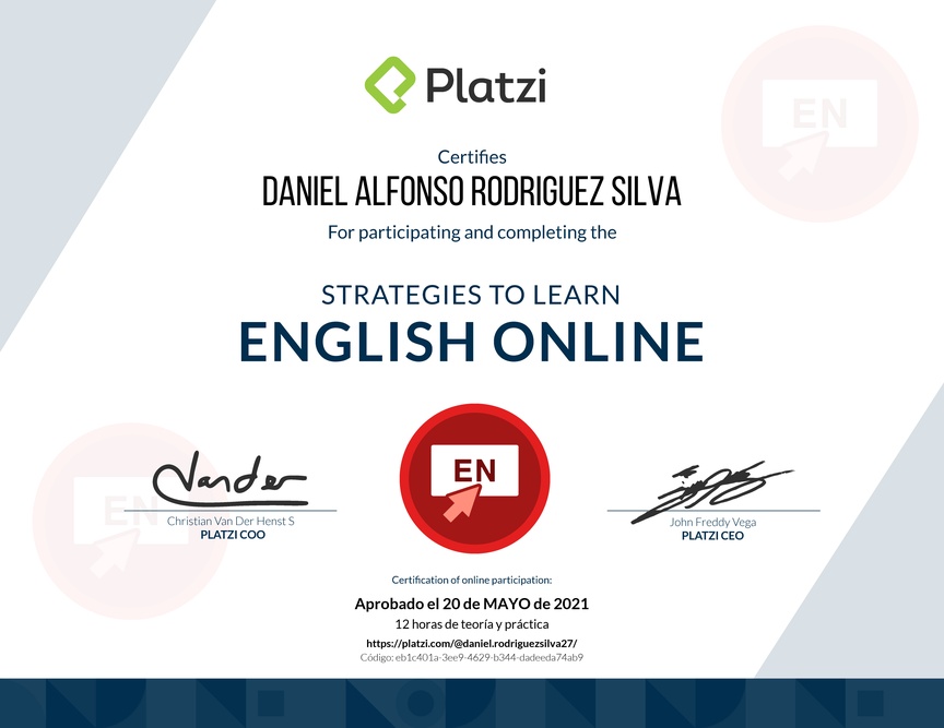 Diploma del Curso de Estrategias para Aprender Inglés Online 2020