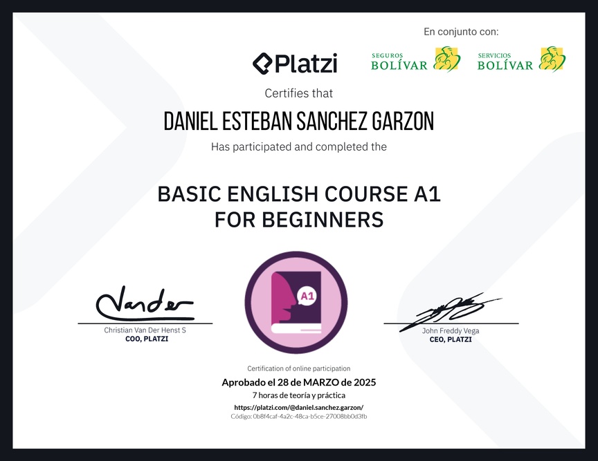 Diploma del Curso de Inglés Básico A1 para Principiantes