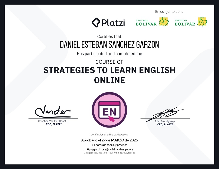 Diploma del Curso Gratis de Estrategias para Aprender Inglés en Línea