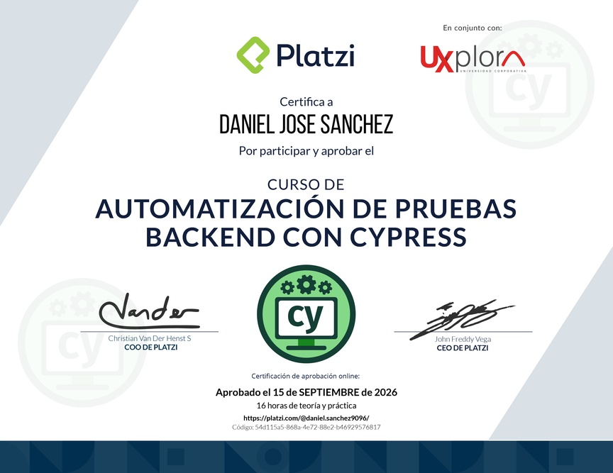 Diploma del Curso de Automatización de Pruebas de Backend con Cypress