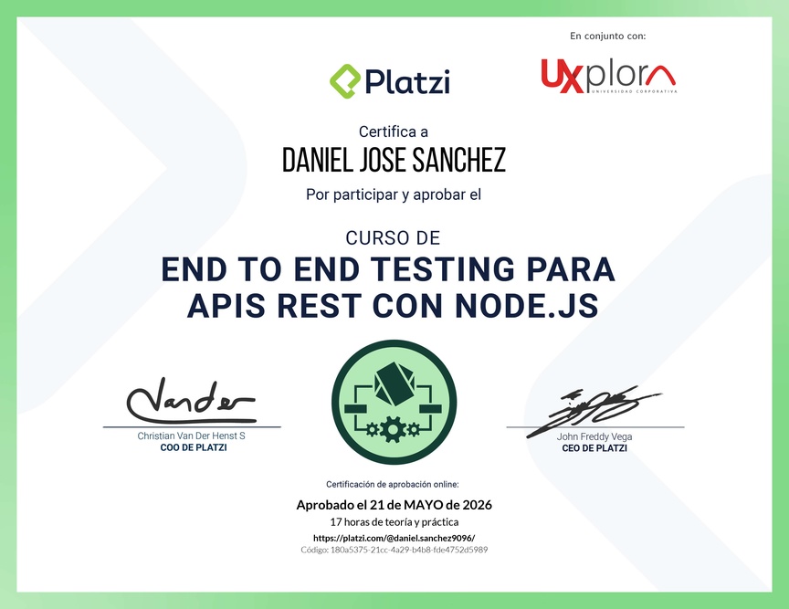 Diploma del Curso de End to End Testing para APIs REST con Node.js
