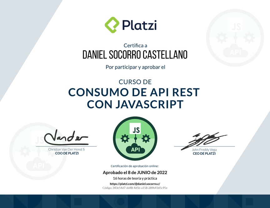 Diploma del Curso de API REST con Javascript: Fundamentos