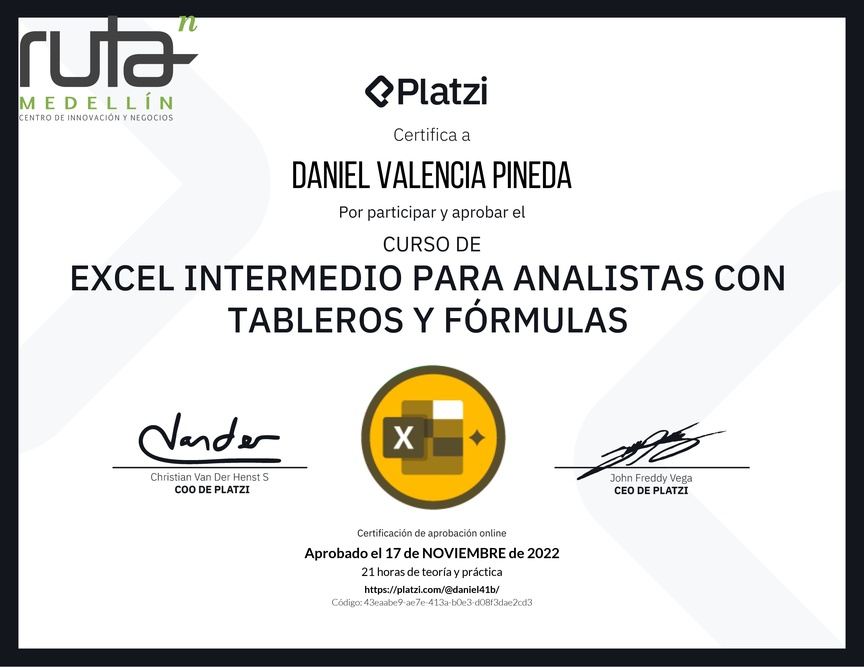 Diploma del Curso de Excel Intermedio para Analistas con Tableros y Fórmulas