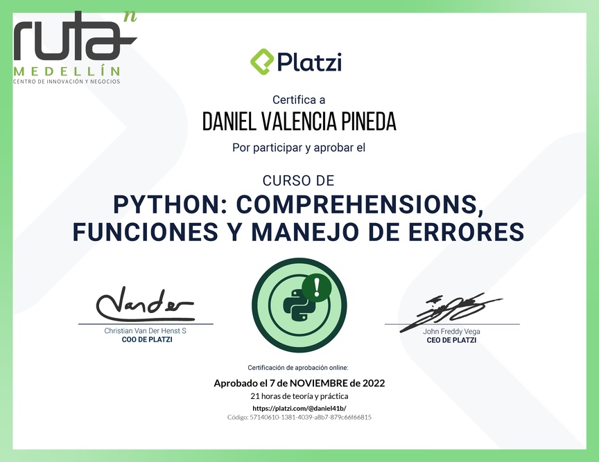 Diploma del Curso de Python: Comprehensions, Funciones y Manejo de Errores