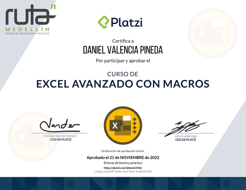 Diploma del Curso de Excel Avanzado con Macros