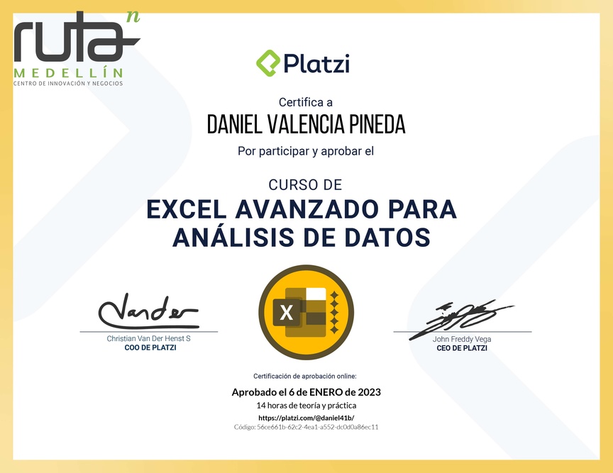 Diploma del Curso de Excel Avanzado para Análisis de Datos