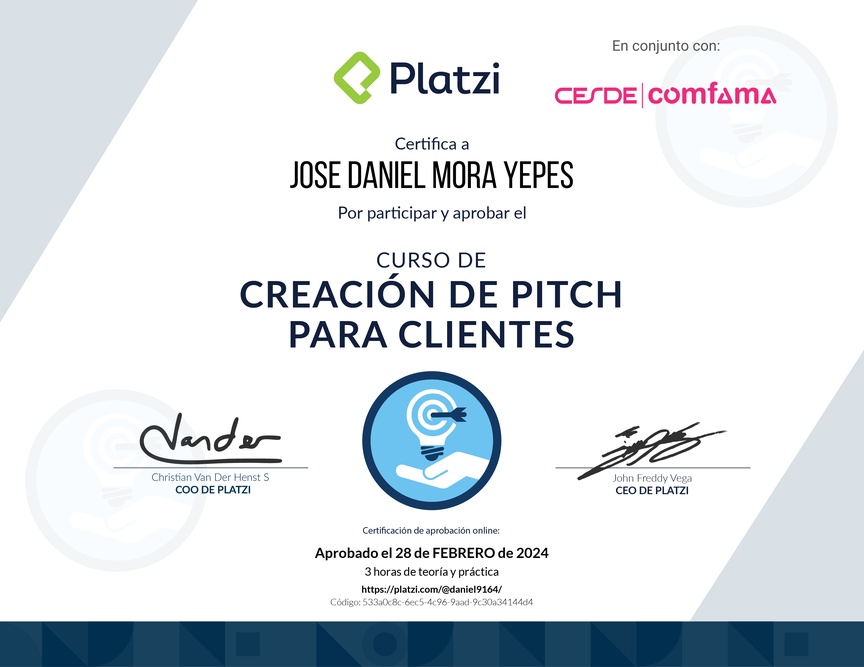 Diploma del Curso de Creación de Pitch para Clientes