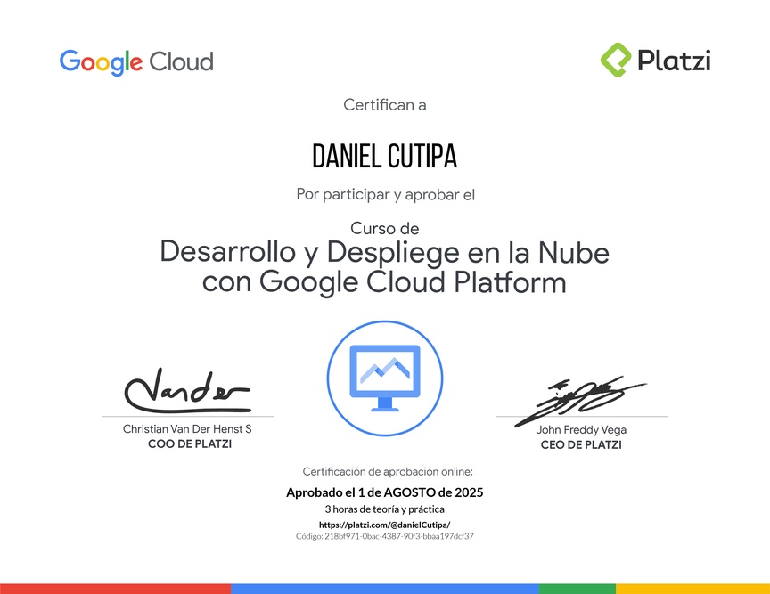 Diploma del Curso de Desarrollo y Despliegue en la Nube con Google Cloud Platform