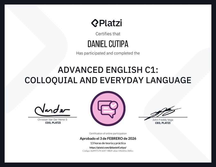 Diploma del Curso de Inglés Avanzado C1: Lenguaje Coloquial y Habitual