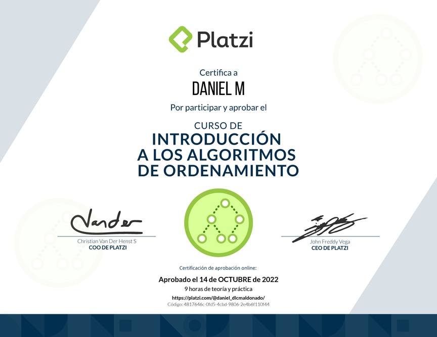 Diploma del Curso de Introducción a los Algoritmos de Ordenamiento