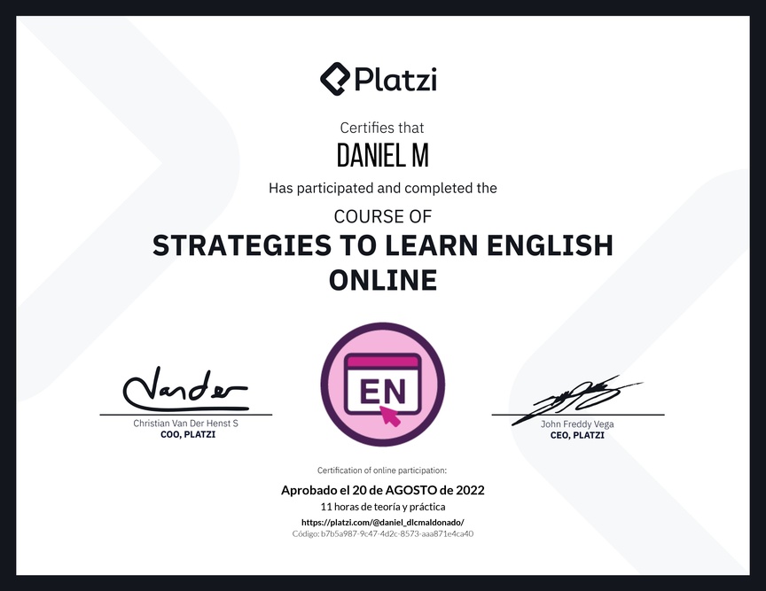 Diploma del Curso Gratis de Estrategias para Aprender Inglés en Línea