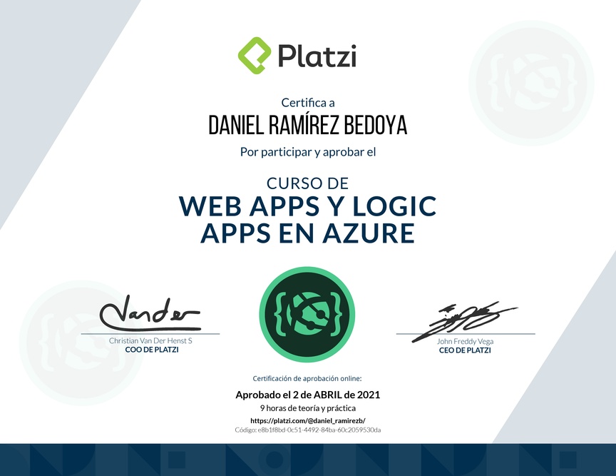 Diploma del Curso de Web Apps y Logic Apps en Azure