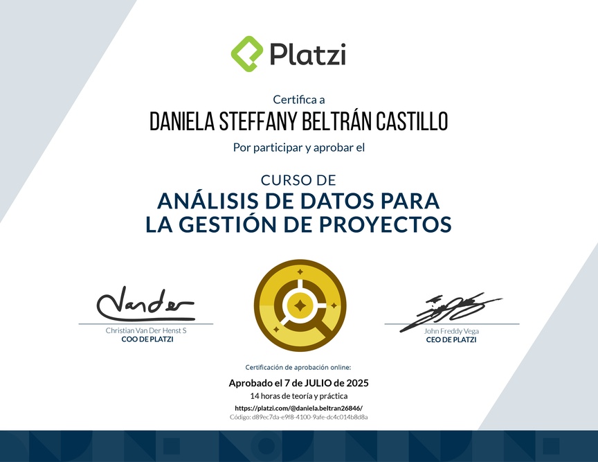 Diploma del Curso de Análisis de Datos para la Gestión de Proyectos