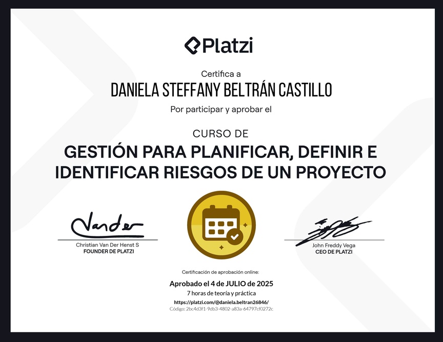 Diploma del Curso de Gestión para Planificar, Definir e Identificar Riesgos de un Proyecto