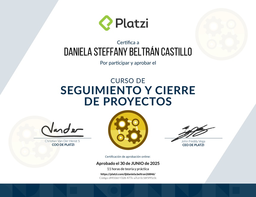 Diploma del Curso de Seguimiento y Cierre de Proyectos