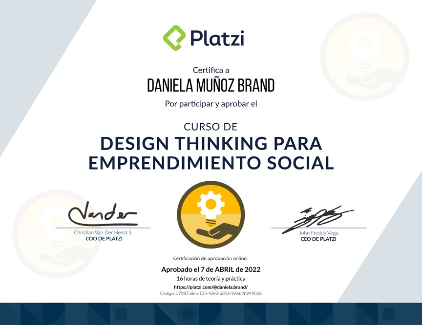 Diploma del Curso de Innovación para Empredimiento Social Usando Design Thinking y MVPs