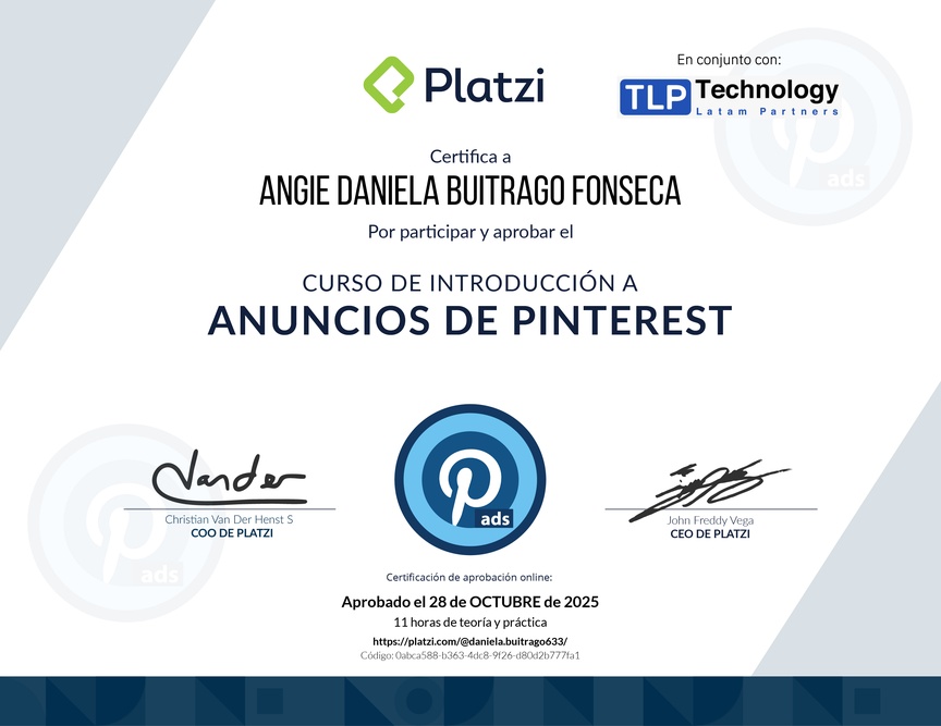 Diploma del Curso de Introducción para Anuncios en Pinterest