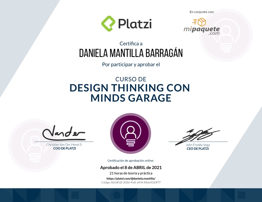 Diploma del Curso de Design Thinking con Minds Garage