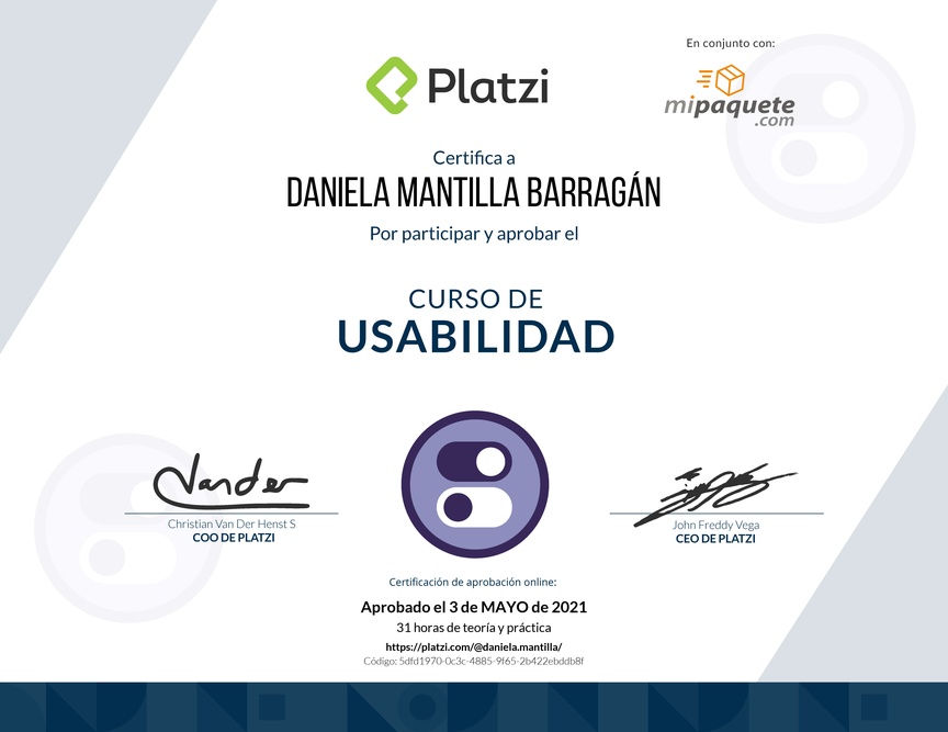 Diploma del Curso de Usabilidad: Principios, Pruebas y Herramientas Avanzadas