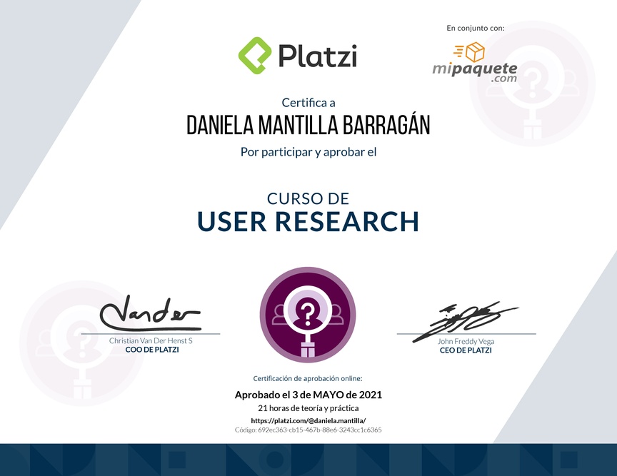 Diploma del Curso de User Research: Técnicas para una Investigación Efectiva