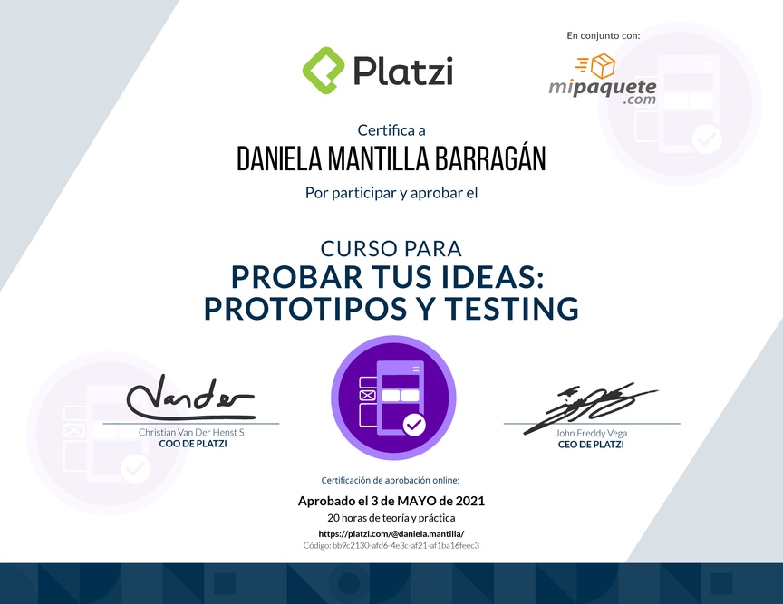 Diploma del Curso de validación de Ideas: Prototipos y Testing Exitosos