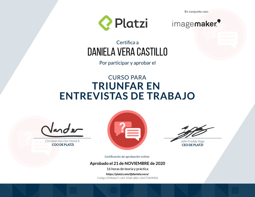 Diploma del Curso para Triunfar en Entrevistas de Trabajo