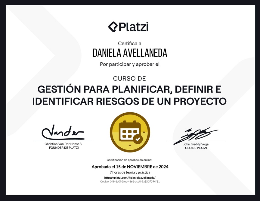 Diploma del Curso de Gestión para Planificar, Definir e Identificar Riesgos de un Proyecto