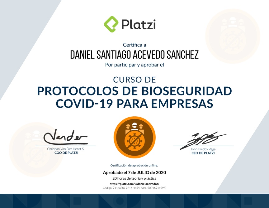 Diploma del Curso de Protocolos de Bioseguridad covid-19 para Empresas